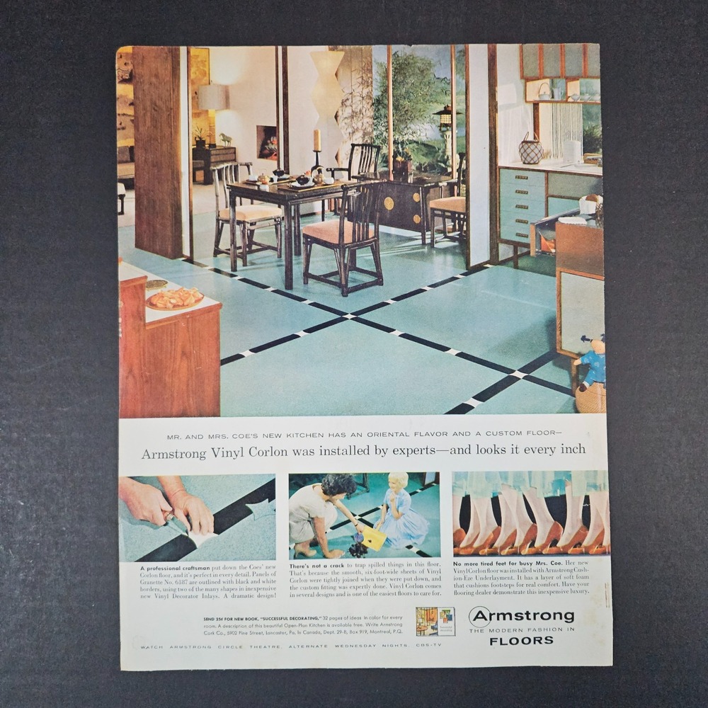 1959 Armstrong Cork Co Floors Vintage Print Ad Lancaster PA Vinyl Corlon Mrs Coe
